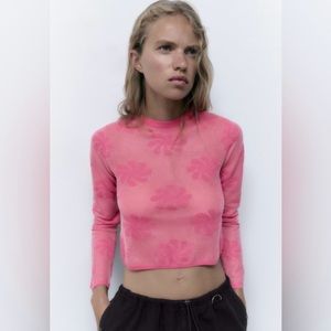 NWOT! Zara long sleeve mesh floral knit top. Metallic effect pink sweater. Sz:S
